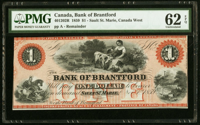 Canada Bank of Brantford 1 Dollar 1859 Ch. # 40-12-02R Remainder PMG Uncirculate...
