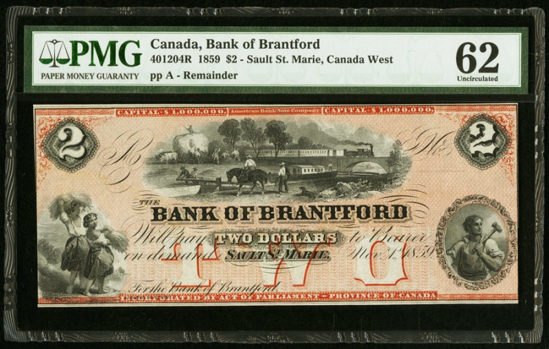 Canada Bank of Brantford 2 Dollars 1859 Ch. # 40-12-04R Remainder PMG Uncirculat...