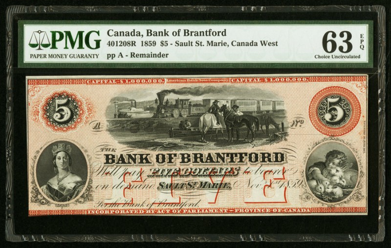 Canada Bank of Brantford 5 Dollars 1859 Ch. # 40-12-08R Remainder PMG Choice Unc...