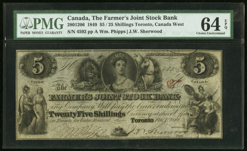 Canada Farmers' Joint Stock 5 Dollars / 25 Shillings 2.1.1819 Ch.# 280-12-06 PMG...