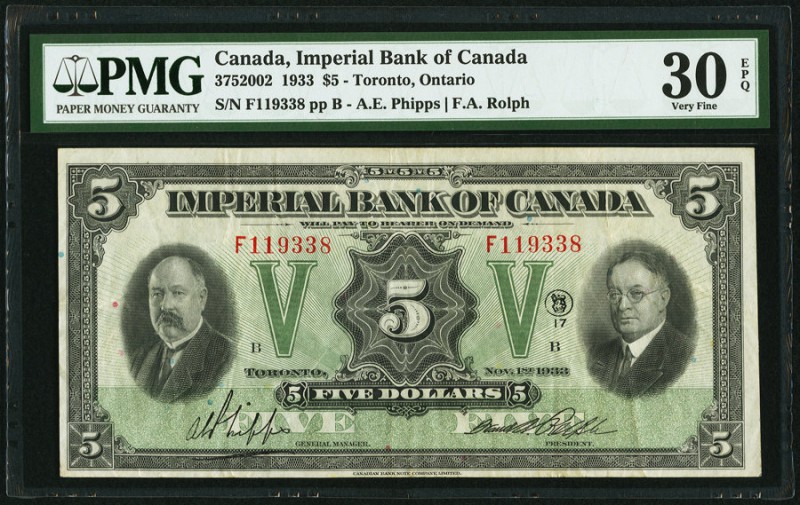 Canada Imperial Bank of Canada 5 Dollars 11.1.1933 Ch.# 375-20-02 PMG Very Fine ...