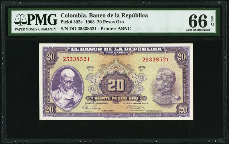 Colombia Banco de la Republica 20 Pesos Oro 2.1.1963 Pick 392e PMG Gem Uncircula...
