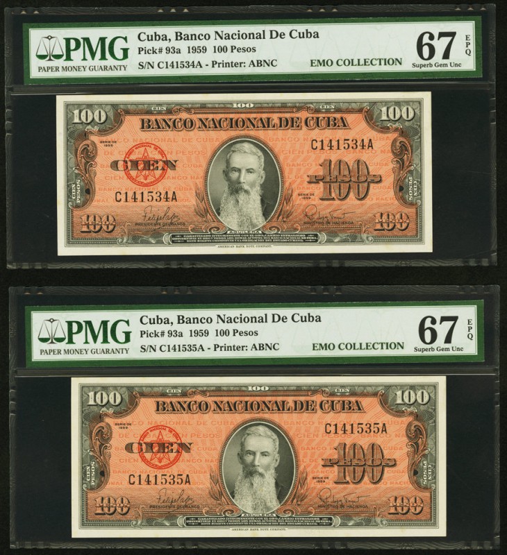 Cuba Banco Nacional de Cuba 100 Pesos 1959 Pick 93a Two Consecutive Examples PMG...