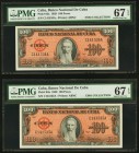 Cuba Banco Nacional de Cuba 100 Pesos 1959 Pick 93a Two Consecutive Examples PMG Superb Gem Unc 67 EPQ. 

HID09801242017