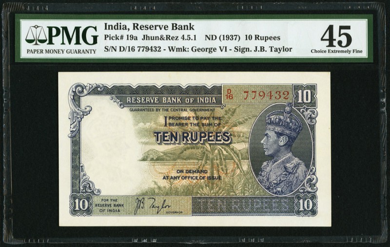 India Reserve Bank of India 10 Rupees ND (1937) Pick 19a PMG Choice Extremely Fi...