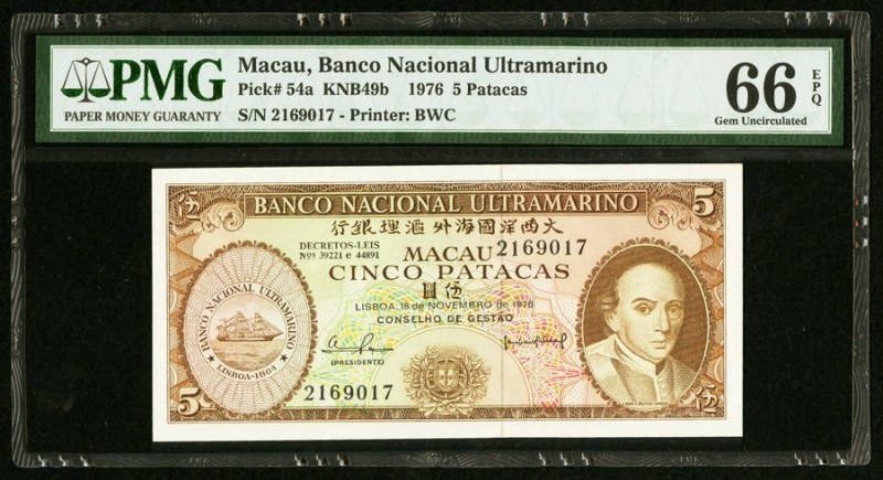 Macau Banco Nacional Ultramarino 5 Patacas 18.11.1976 Pick 54a PMG Gem Uncircula...