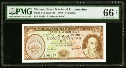 Macau Banco Nacional Ultramarino 5 Patacas 18.11.1976 Pick 54a PMG Gem Uncirculated 66 EPQ. 

HID09801242017