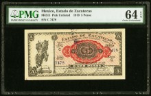 Mexico Estado de Zacatecas 5 Pesos 1.1.1919 Pick UNL M4515 PMG Choice Uncirculated 64 EPQ. As made stamp ink.

HID09801242017