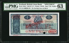 Scotland British Linen Bank 1 Pound 13.6.1967 Pick 166cs Specimen PMG Choice Uncirculated 63. One POC; previously mounted.

HID09801242017