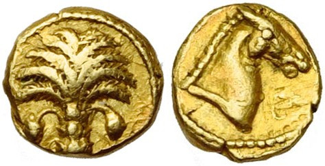 ZEUGITANE, CARTHAGE, AV 1/10e de statère, 350-320 av. J.-C. D/ Palmier avec deux...