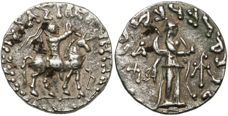 ROYAUME INDO-SCYTHE, Azès, AR tétradrachme. D/ Le roi à cheval à d., ten. un fou...