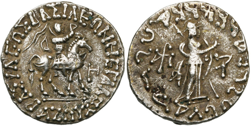 ROYAUME INDO-SCYTHE, Azès, AR tétradrachme. D/ Le roi à cheval à d., ten. un fou...