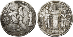ROYAUME SASSANIDE, Bahram II (276-293), AR drahm. D/ B. accolés à d. du roi et de la déesse Anahita (?) qui porte une couronne à tête de sanglier. Leu...
