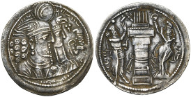ROYAUME SASSANIDE, Bahram II (276-293), AR drahm. D/ B. accolés à d. du roi et de la déesse Anahita (?) qui porte une couronne à tête d'aigle. Leur fa...