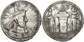 ROYAUME SASSANIDE, Narseh (293-303), AR drahm. D/ B. cour. à d. Légende interrompue sous le buste. R/ De part et d'autre des flammes, à g.,  et à d.,...