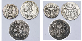 ROYAUME SASSANIDE, Bahram IV (388-399), lot de 3 drahms: pas de buste dans les flammes, AYLAN (?, horizontalement à d. et à g. des flammes), KL (verti...