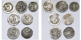ROYAUME SASSANIDE, Yazdgird Ier (399-420), lot de 7 drahms: AY, BBA (ébréché), H, KL, WH, WYH, atelier incertain. Différentes marques à g. et à d. des...