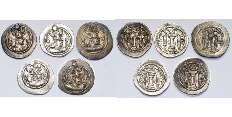 ROYAUME SASSANIDE, Peroz (457-483), lot de 5 drahms, couronne ailée, avec le nom...