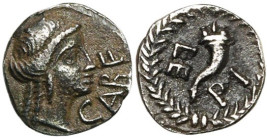 GAULE NARBONNAISE, Cabellio, AR obole, 44-42 av. J.-C. D/ T. fém. à d. Devant, CABE. R/ Corne d'abondance cantonnée de LE-PI dans une couronne. Allen,...