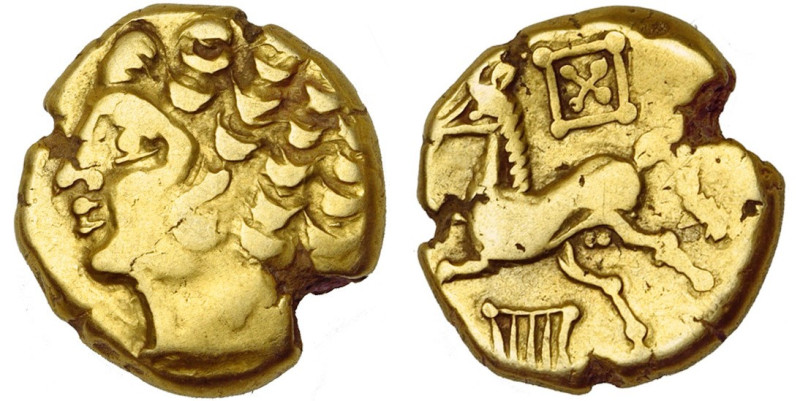 GAULE CELTIQUE, Arverni, AV statère. Type à la lyre. D/ T. à g., les cheveux cou...