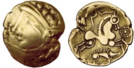 GAULE CELTIQUE, Aulerci Eburovices, AV hémistatère, vers 56 av. J.-C. Type au sanglier. D/ T. stylisée à g., la chevelure formée de globules. En desso...