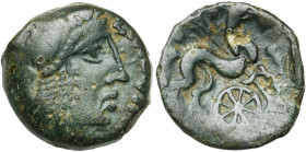 GAULE CELTIQUE, Lexovii, AE bronze. D/ T. diad. à d., les cheveux longs. Devant, LIXOVIATIS. R/ LIXOVIATI Cheval à d. Au-dessus, un point et un épi. E...