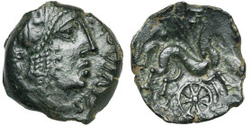 GAULE CELTIQUE, Lexovii, AE bronze. D/ T. diad. à d., les cheveux longs. Devant, LIXOVIATIS. R/ LIXOVIATI Cheval à d. Au-dessus, un point et un épi. E...