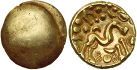 GAULE BELGIQUE, Ambiani, AV statère, vers 60 av. J.-C. Type uniface. Classe V. D/ Droit lisse. R/ Cheval stylisé à d. En dessous, deux S perlés et rét...