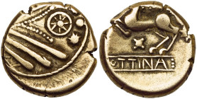 GAULE BELGIQUE, Treviri, AV statère, 53-51 av. J.-C. Classe V. Or rouge. D/ Oeil angulaire regardant à d., l'iris formé d'une roue à huit rayons. Deva...
