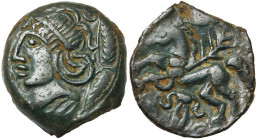 GAULE BELGIQUE, Veliocasses, AE bronze. Classe III. Type à la tête casquée. D/ T. casquée à g. Devant, [SVTICCOS]. R/ Cheval galopant à g. Au-dessus, ...