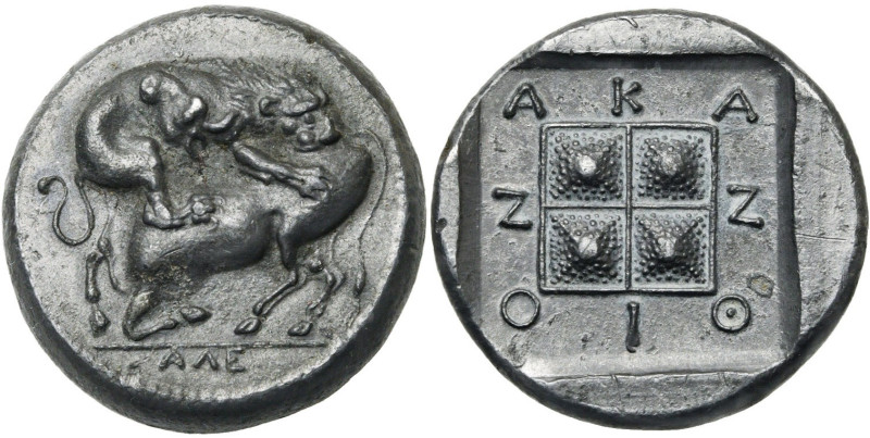 MACEDOINE, AKANTHOS, tétradrachme. Faux de Becker en étain. D/ Lion à d. attaqua...