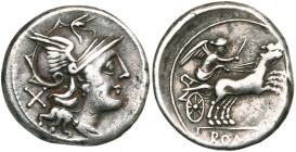 Emission anonyme, AR denier, 157-156 av. J.-C., Rome. D/ T. casquée de Roma à d. Derrière, . R/ Victoire conduisant un bige au galop à d., ten. les r...