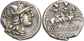 P. Paetus, AR denier, 138 av. J.-C., Rome. D/ T. casquée de Roma à d. Derrière la nuque, . R/ Les Dioscures au galop à d. Dessous, P·PAETVS. A l'ex.,...