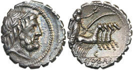 Q. Antonius Balbus, AR denier serratus, 83-82 av. J.-C., Rome. D/ T. l. de Jupiter à d. Derrière, S·C. R/ Victoire conduisant un quadrige au galop à d...