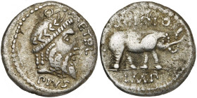 Q. Metellus Scipio, AR denier, 47-46 av. J.-C., Afrique. D/ Q·METEL- PIVS T. l., barbue de Jupiter à d., de style archaïsant. R/ SCIPIO- IMP Eléphant ...