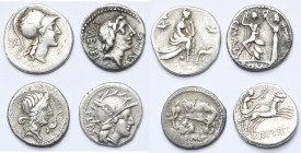 lot de 4 deniers: émission anonyme, Cr. 287/1; C. Publicius Malleolus, A. Postumius Albinus et L. Metellus, Cr. 335/1a; Q. Caecilius Metellus, Cr. 374...