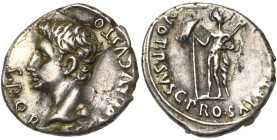 AUGUSTE (-27-14), AR denier, 19-15 av. J-C., Espagne (Colonia Patricia ?). D/ SPQR CAESARI - AVGVSTO T. nue à g. R/ VOT P SVSC PRO SAL ET RED I...