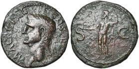 AGRIPPA, beau-fils d'Auguste, AE as, 37-41, Rome. Frappé sous Caligula. D/ M AGRIPPA L-F COS III T. à g., coiffée de la couronne rostrale. R/ S-C Nept...