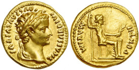 TIBERE Auguste (14-37), AV aureus, 36-37, Lyon. D/ TI CAESAR DIVI- AVG F AVGVSTVS T. l. à d. R/ PONTIF- MAXIM Figure féminine, Pax ou Livie, assise à ...