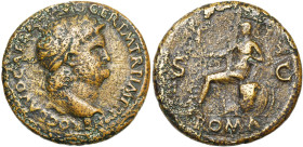 NERON (54-68), AE sesterce, 65, Lyon. D/ NERO CLAVD CAESAR AVG GER P M TR P IMP P P T. l. à g. Petit globe à la pointe du cou. R/ Roma assise à g. sur...