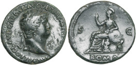 NERON (54-68), AE sesterce, 66-67, Rome. D/ IMP NERO CLAVD CAESAR AVG GERM PM TR P XIII P P T. l. à d. R/ Roma assise à g. sur une cuirasse, ten. une ...
