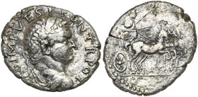 TITUS César (69-79), AR denier, 72, Antioche. D/ T CAES IMP VESP PON TR POT B. l., dr. à d. R/ L'empereur deb. dans un char triomphal à d., ten. un ra...