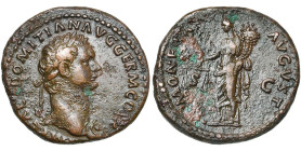 DOMITIEN Auguste (81-96), AE as, 84, Rome. D/ IMP CAES DOMITIAN AVG GERM COS X B. l. à d., l'épaule g. dr. de l'égide. R/ MONETA- AVGVST/ S-C Moneta d...