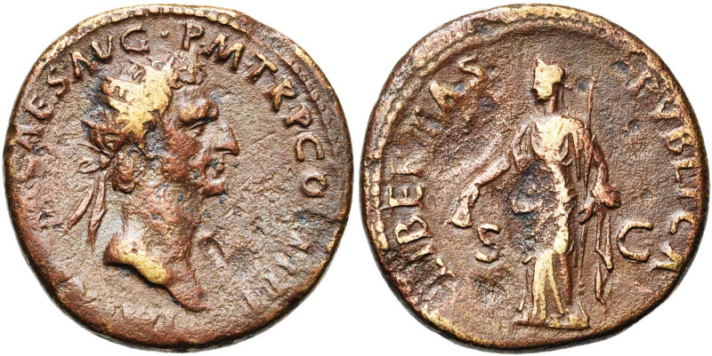 NERVA (96-98), AE dupondius, 96, Rome. D/ IMP NERVA CAES AVG PM TR P COS II PP T...