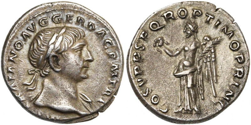 TRAJAN (98-117), AR denier, 103-111, Rome. D/ IMP TRAIANO AVG GER DAC PM TR P T....