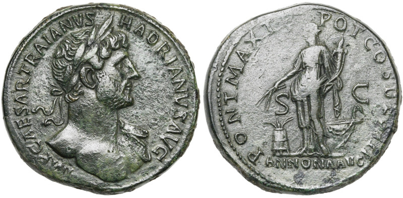 HADRIEN (117-138), AE sesterce, 118, Rome. D/ IMP CAESAR TRAIANVS- HADRIANVS AVG...