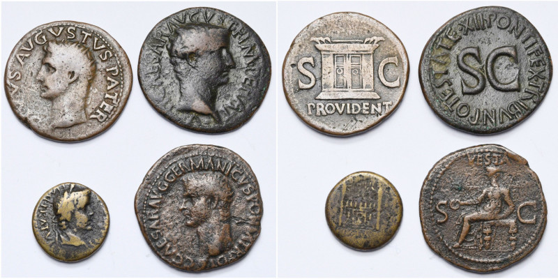 lot de 4 p.: Auguste divinisé, as, R/ Autel; Tibère, as, R/ SC; semis, Lyon, R/ ...