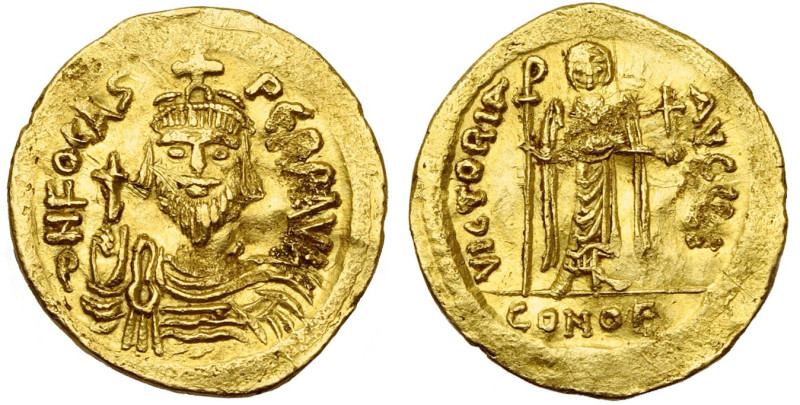 Phocas (602-610), AV solidus, 607-610, Constantinople. Off. I. D/ B. cour., dr.,...
