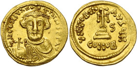 Constant II (641-668), AV solidus, 647-648, Constantinople. 6e indiction. Off. H. D/ B. dr. et cour. de f., avec une fine barbe, ten. un gl. cr. R/ VI...