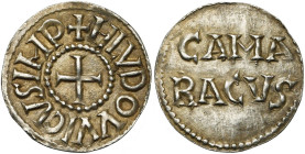 CAROLINGIENS, Louis le Pieux (814-840), AR denier, 816-822/823, Cambrai. D/ + HLVDOVVICVS IMP Croix. R/ CAMA/RACVS. M.G. 342; Prou 114; M.E.C. I, 768....